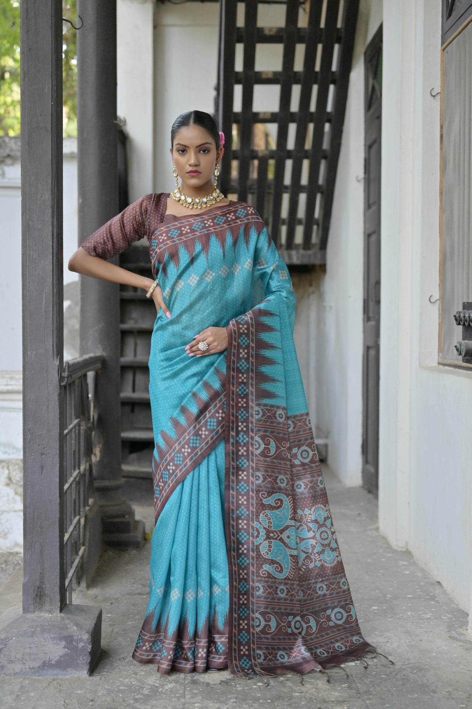 Buy MySilkLove Tradewind Blue and Brown Printed Tussar Silk Saree Online