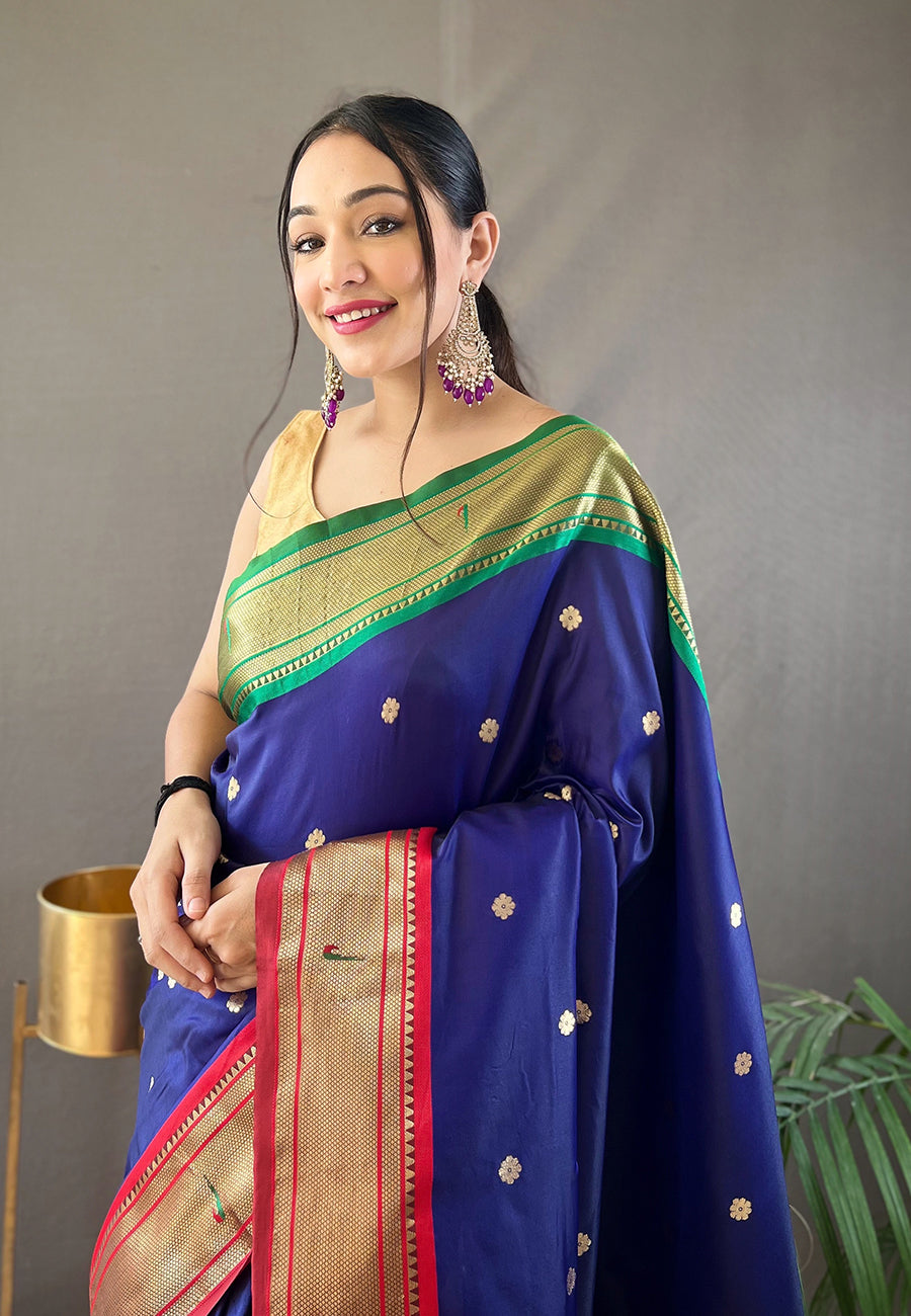 Buy MySilkLove Port Gore Blue Woven Paithani Saree Online