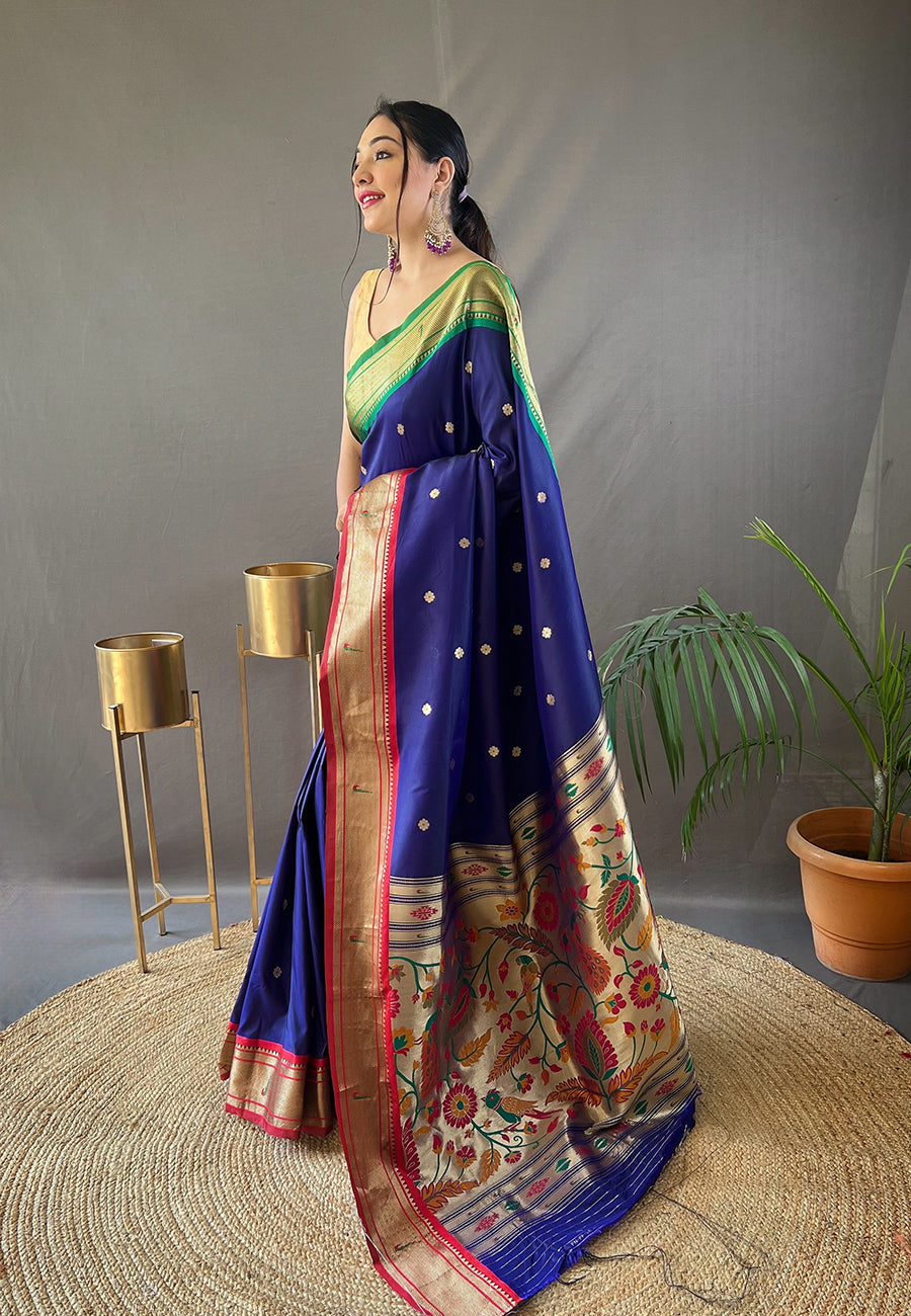 Buy MySilkLove Port Gore Blue Woven Paithani Saree Online