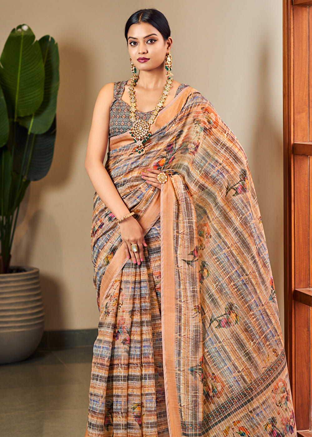 Buy MySilkLove Caramel Brown Linen Saree with Digital Print Online