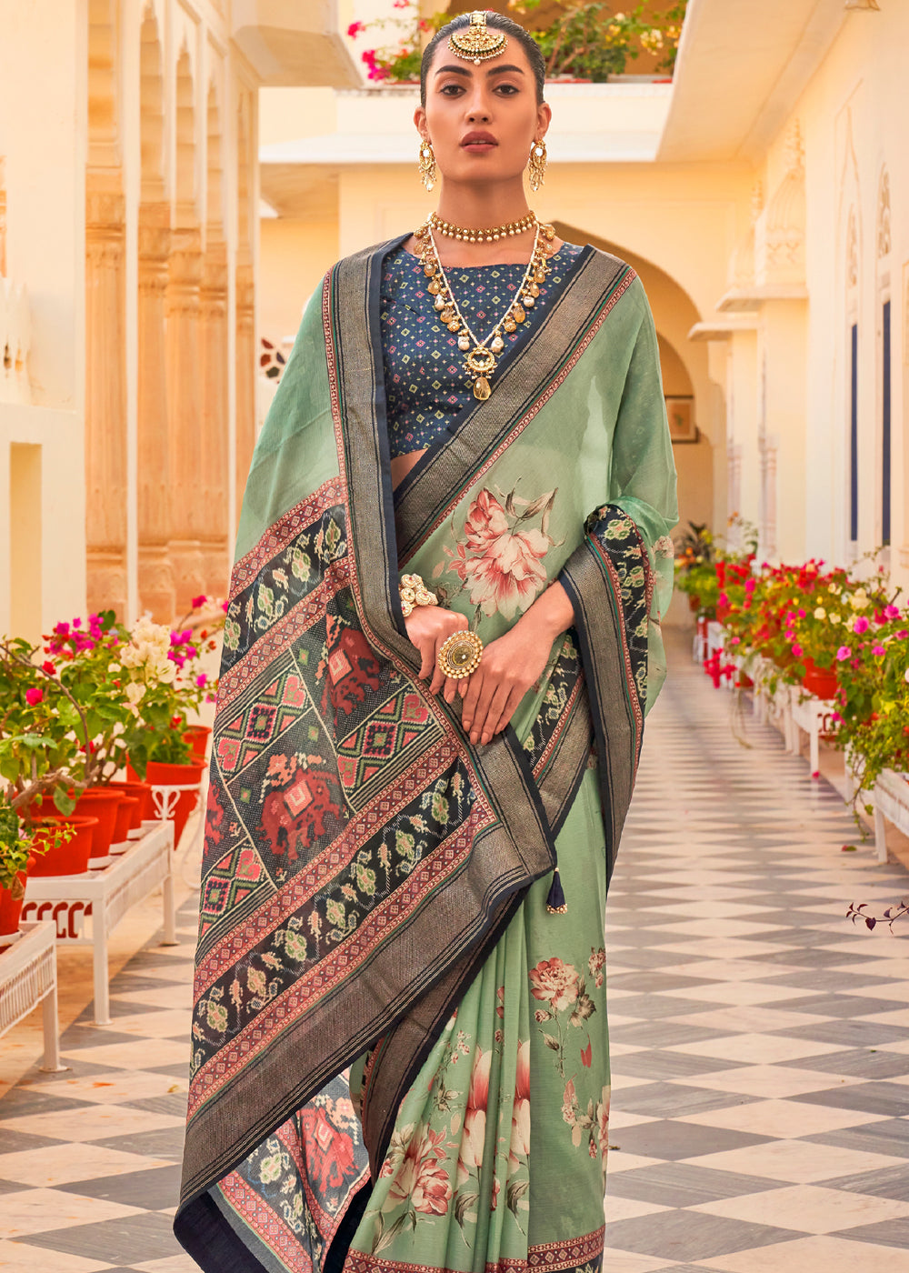 Buy MySilkLove Sage Green Printed Chiffon Patola Silk Saree Online