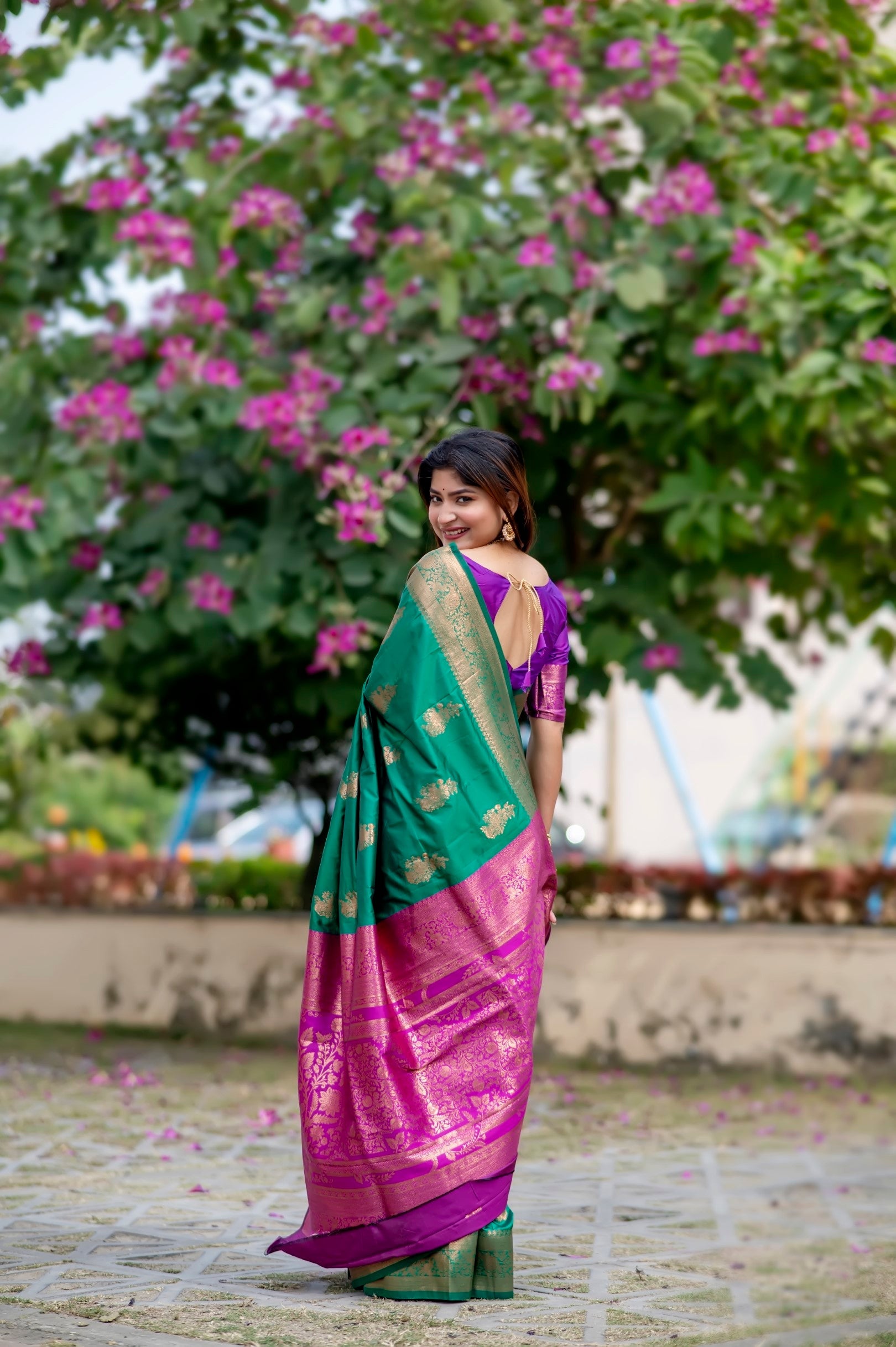 Buy MySilkLove Pine Green and Purple Woven Banarasi Saree Online