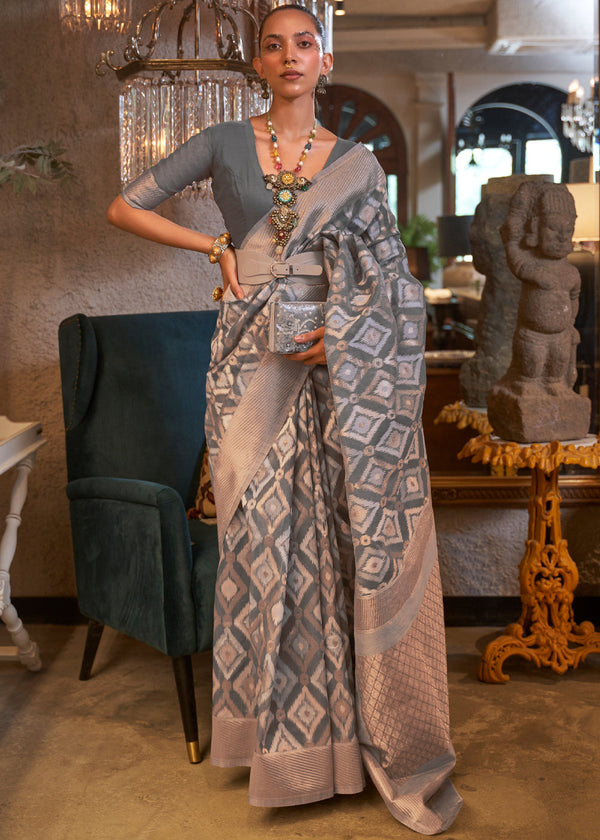 Ironside Grey Woven Banarasi Linen Silk Saree