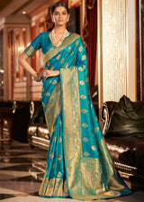 Mosque Blue Woven Banarasi Soft Silk Saree