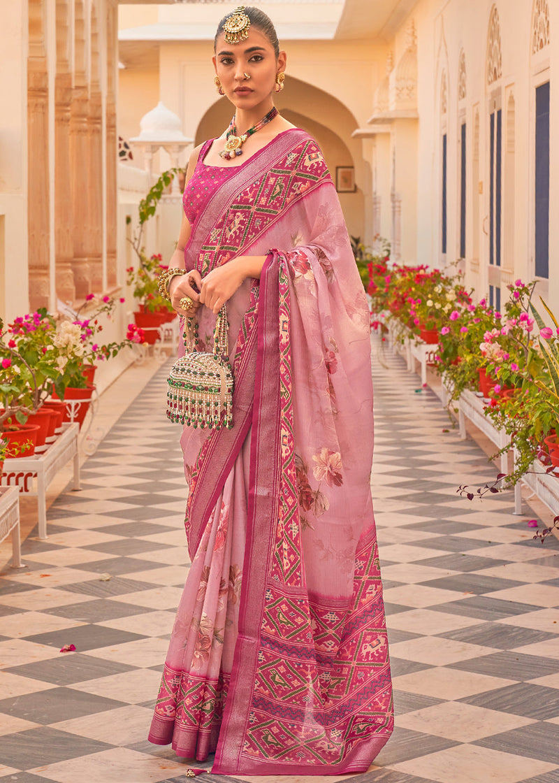 Buy Hot Pink Silk Digital Print and Zari Work Printed Saree for Engagement  : 275703 -