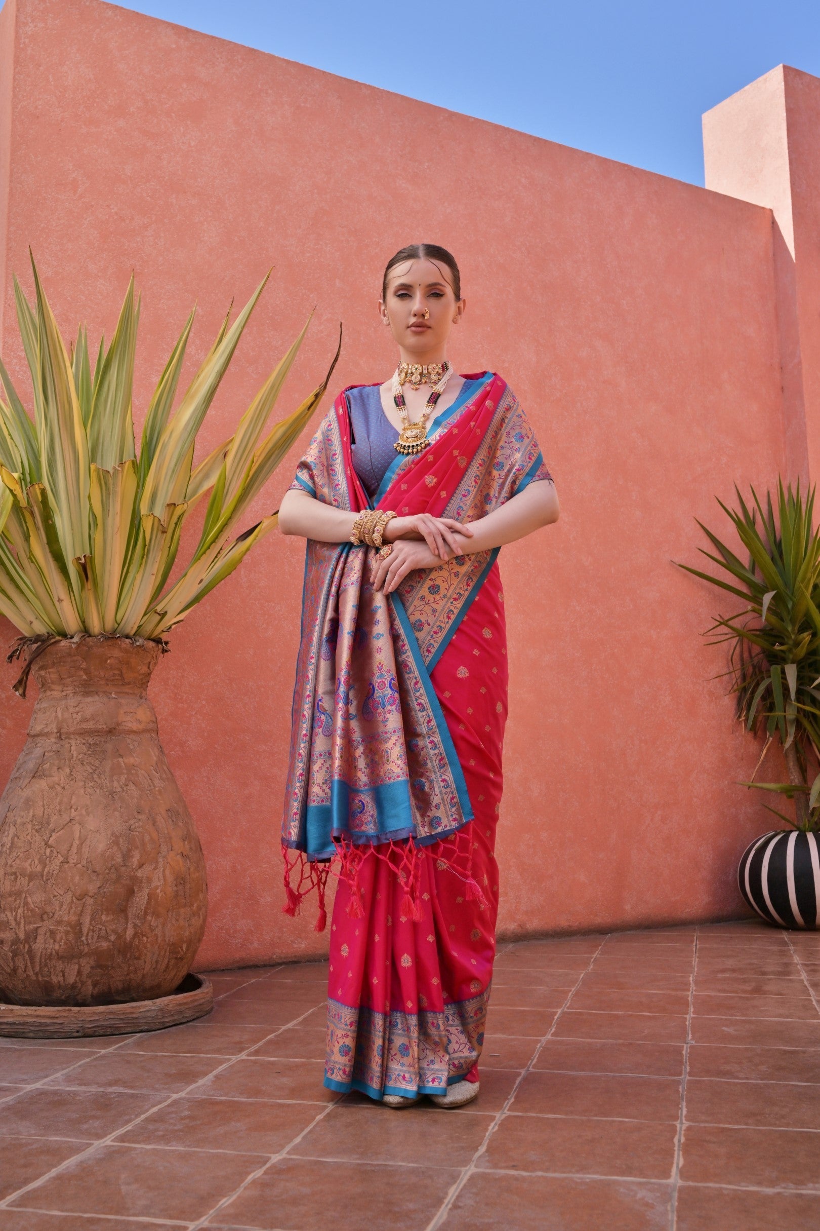 Buy MySilkLove Cardinal Red and Blue Zari Woven Paithani Saree Online