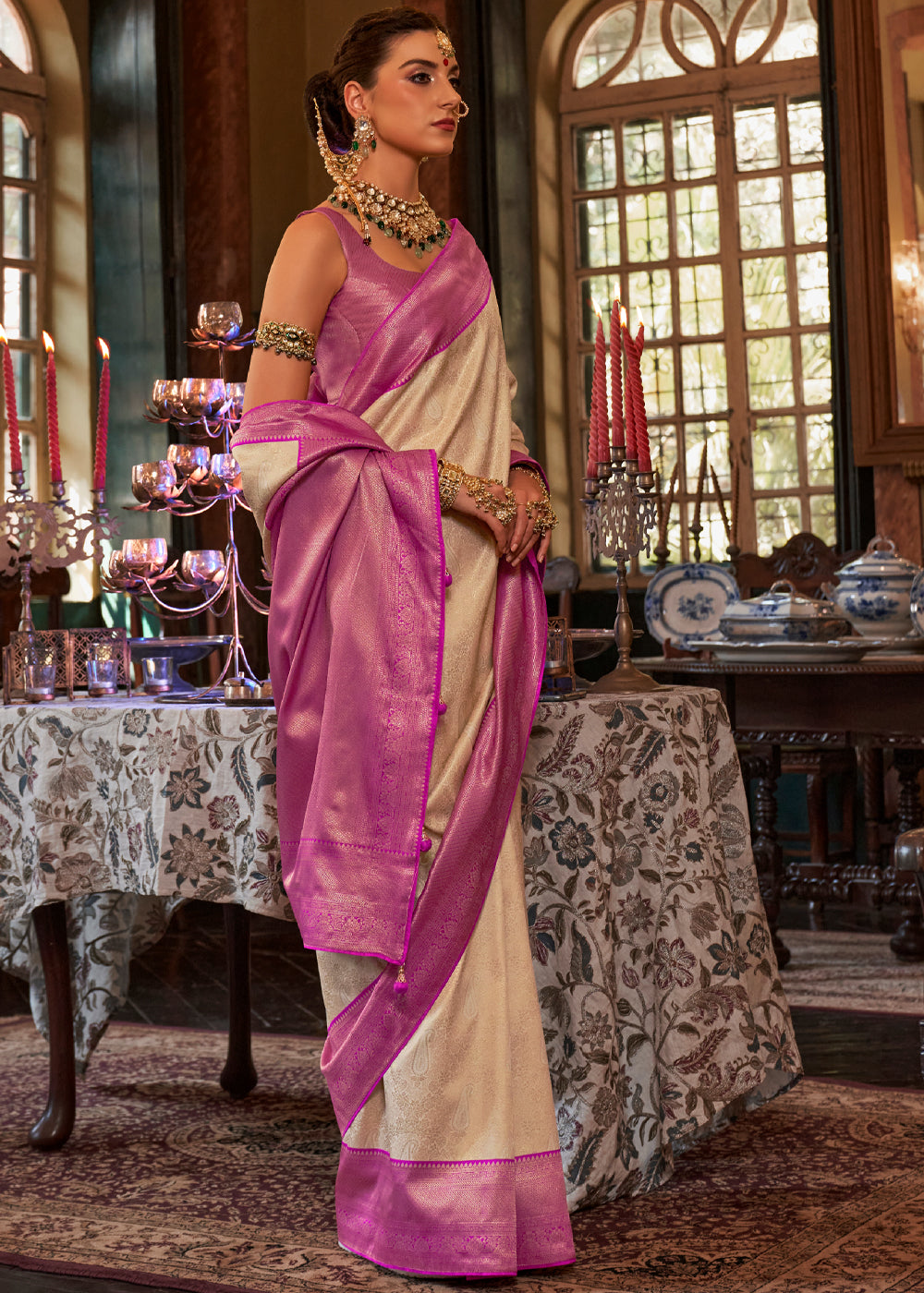 Buy MySilkLove Antique Beige and Purple Woven Kanjivaram Saree Online