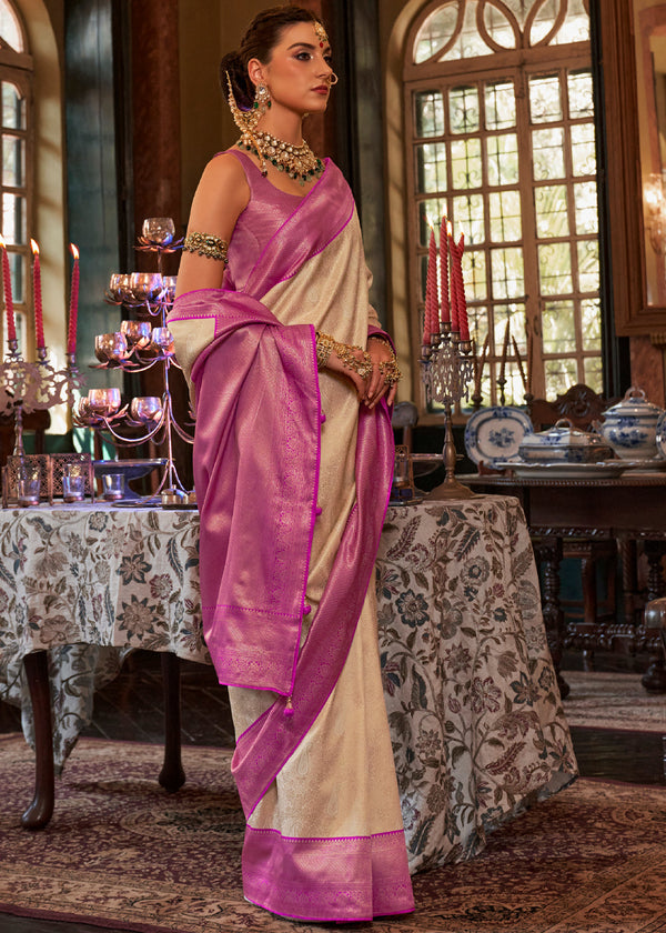 Antique Beige and Purple Woven Kanjivaram Saree