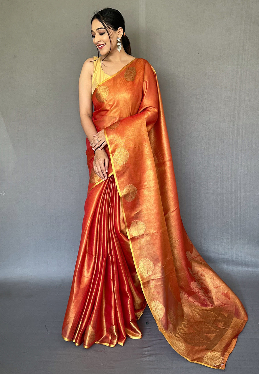 Buy MySilkLove Jaffa Orange Zari Woven Banarasi Tissue Silk Saree Online