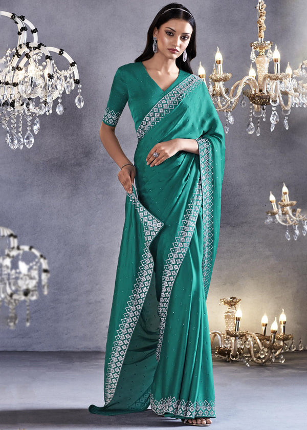 Tradewind Blue Woven Embroidered Satin Silk Saree