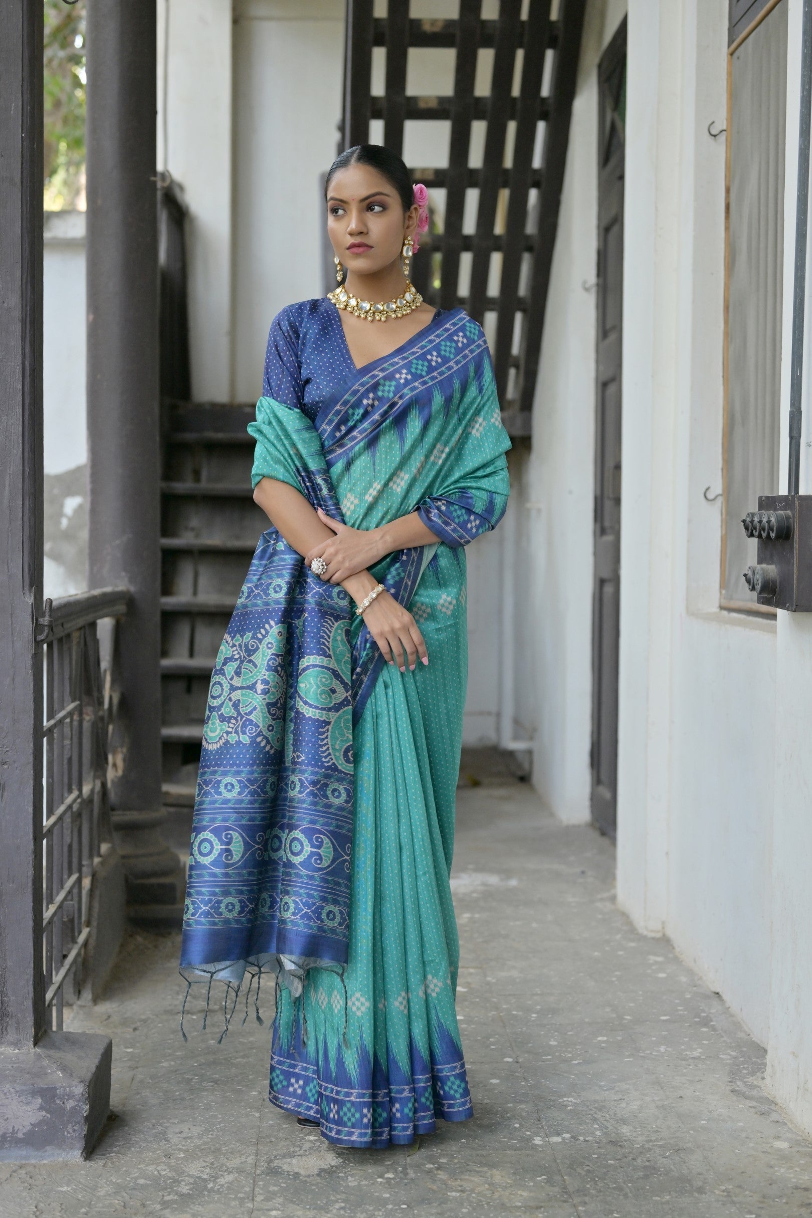 MySilkLove Fountain Green and Blue Printed Tussar Silk Saree