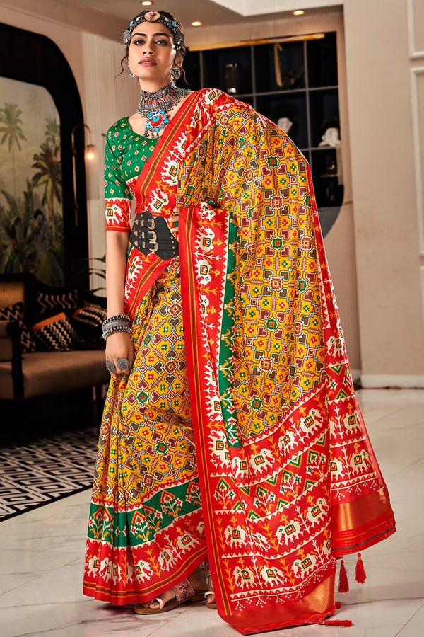 Sea Yellow and Red Printed Patola Saree