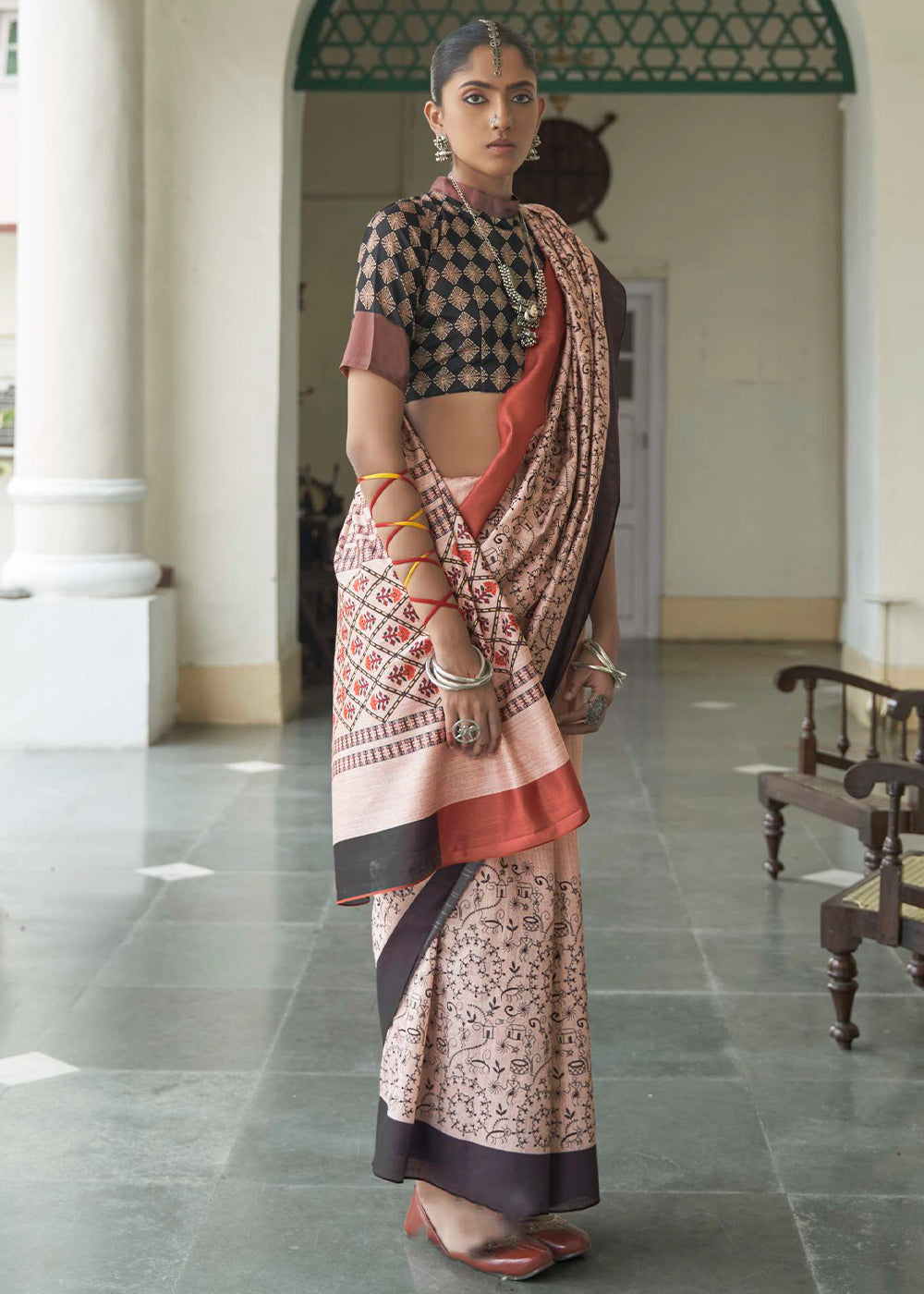 Buy MySilkLove Thatch Brown Printed Designer Banarasi Saree Online