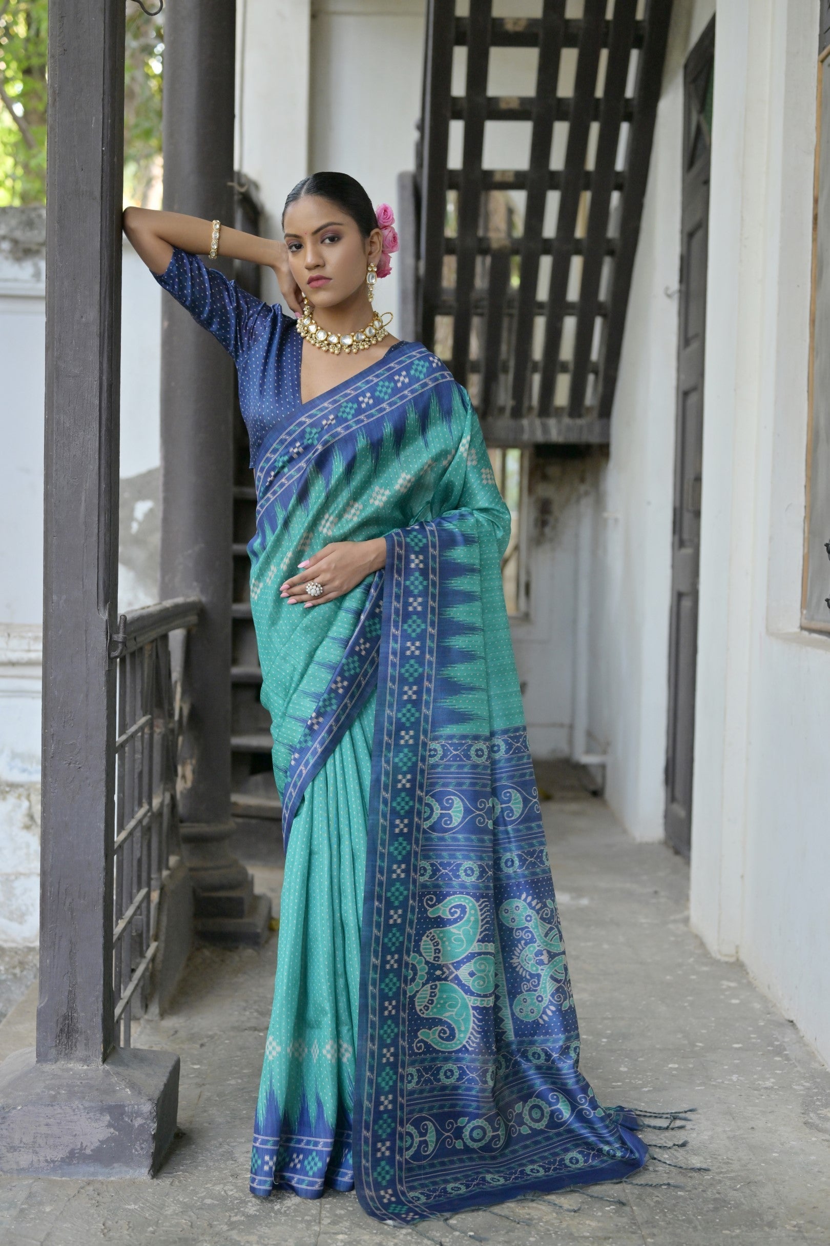 Buy MySilkLove Fountain Green and Blue Printed Tussar Silk Saree Online