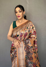 Di Serria Brown Soft Kalamkari Printed Silk Saree