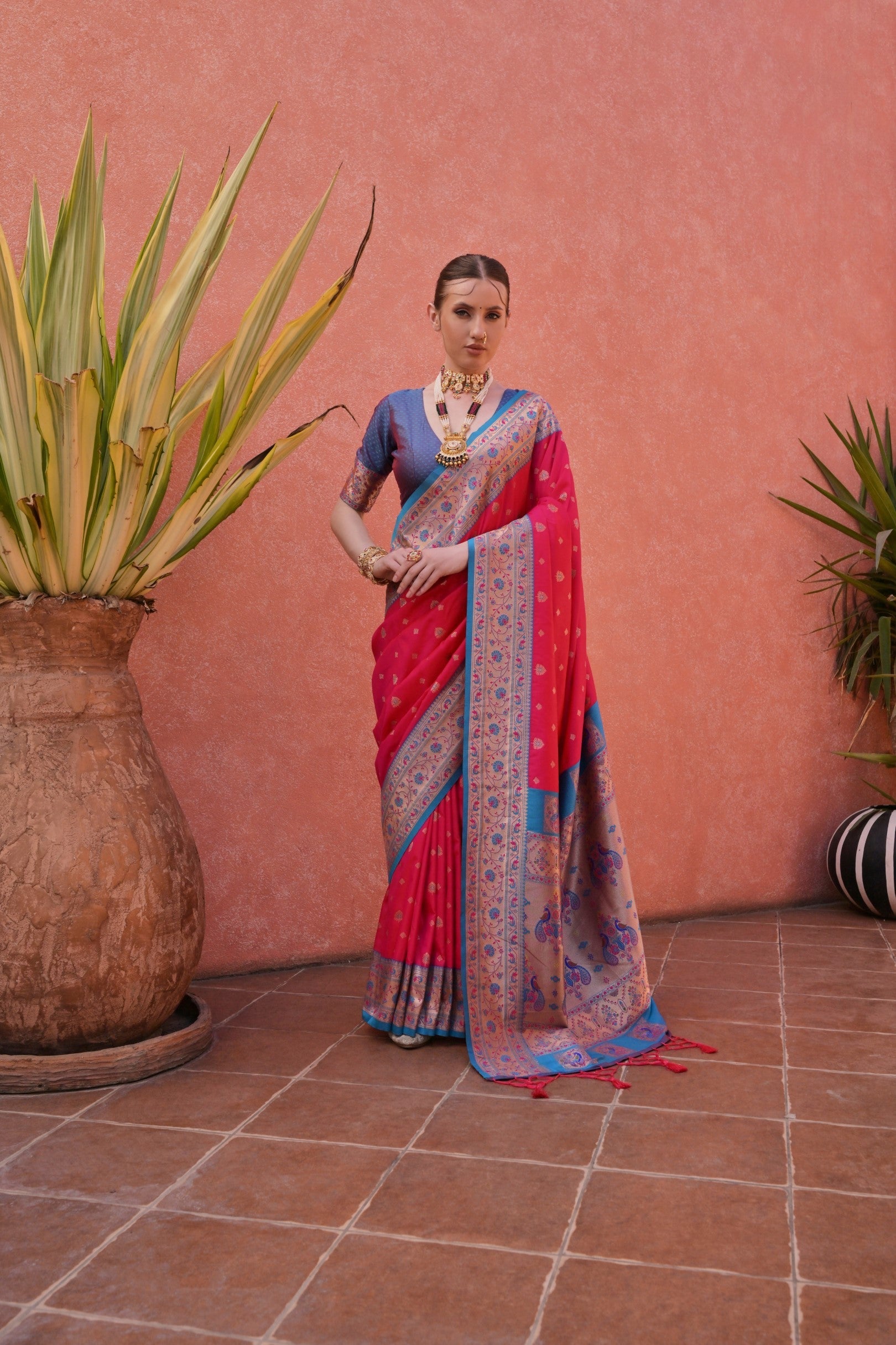 Buy MySilkLove Cardinal Red and Blue Zari Woven Paithani Saree Online