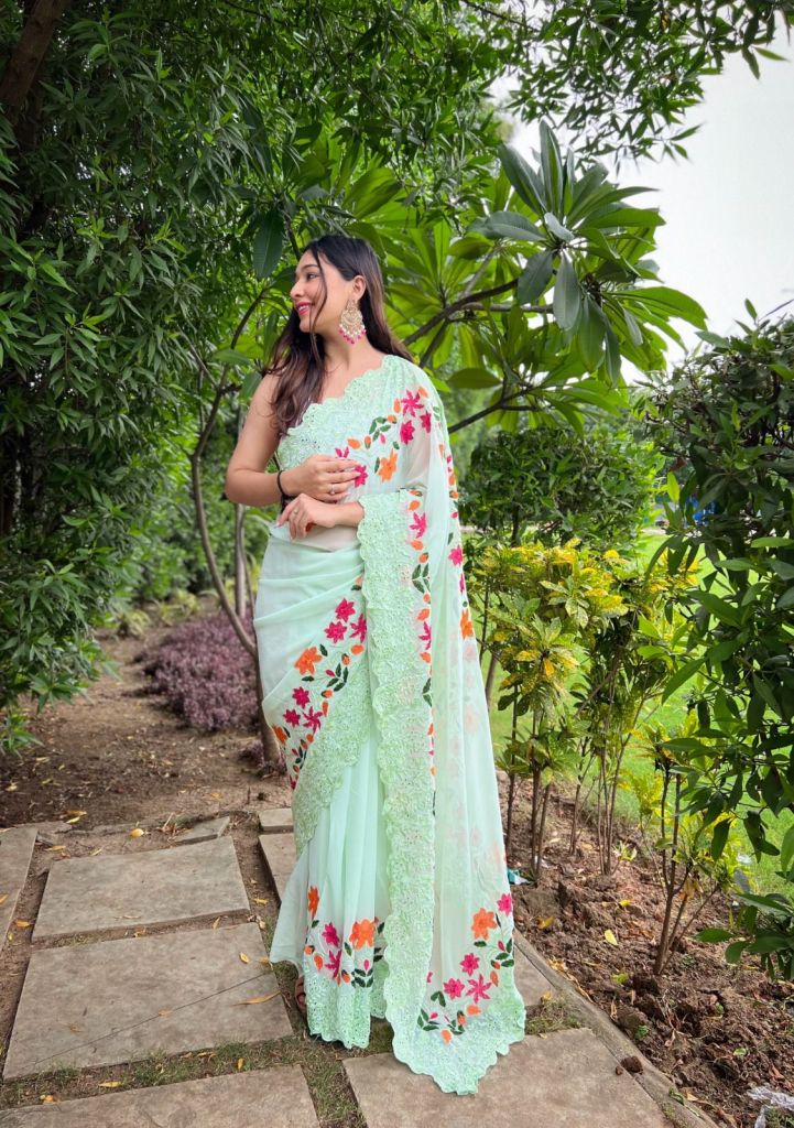 Buy MySilkLove Skeptic Green Georgette Embroidered Woven Thread and Shiffli Work Saree Online