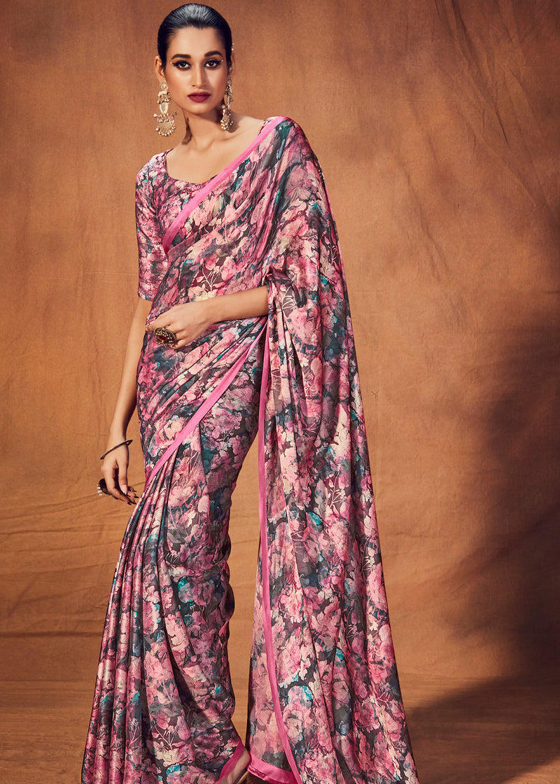 Tapestry Purple Digital Printed Satin Silk Saree
