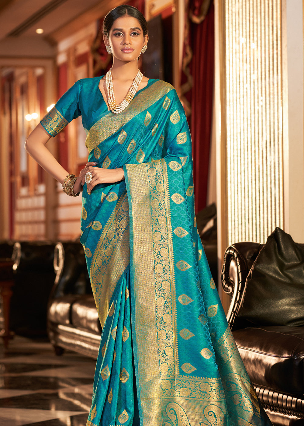 Buy Mosque Blue Woven Banarasi Soft Silk Saree Online MySilkLove