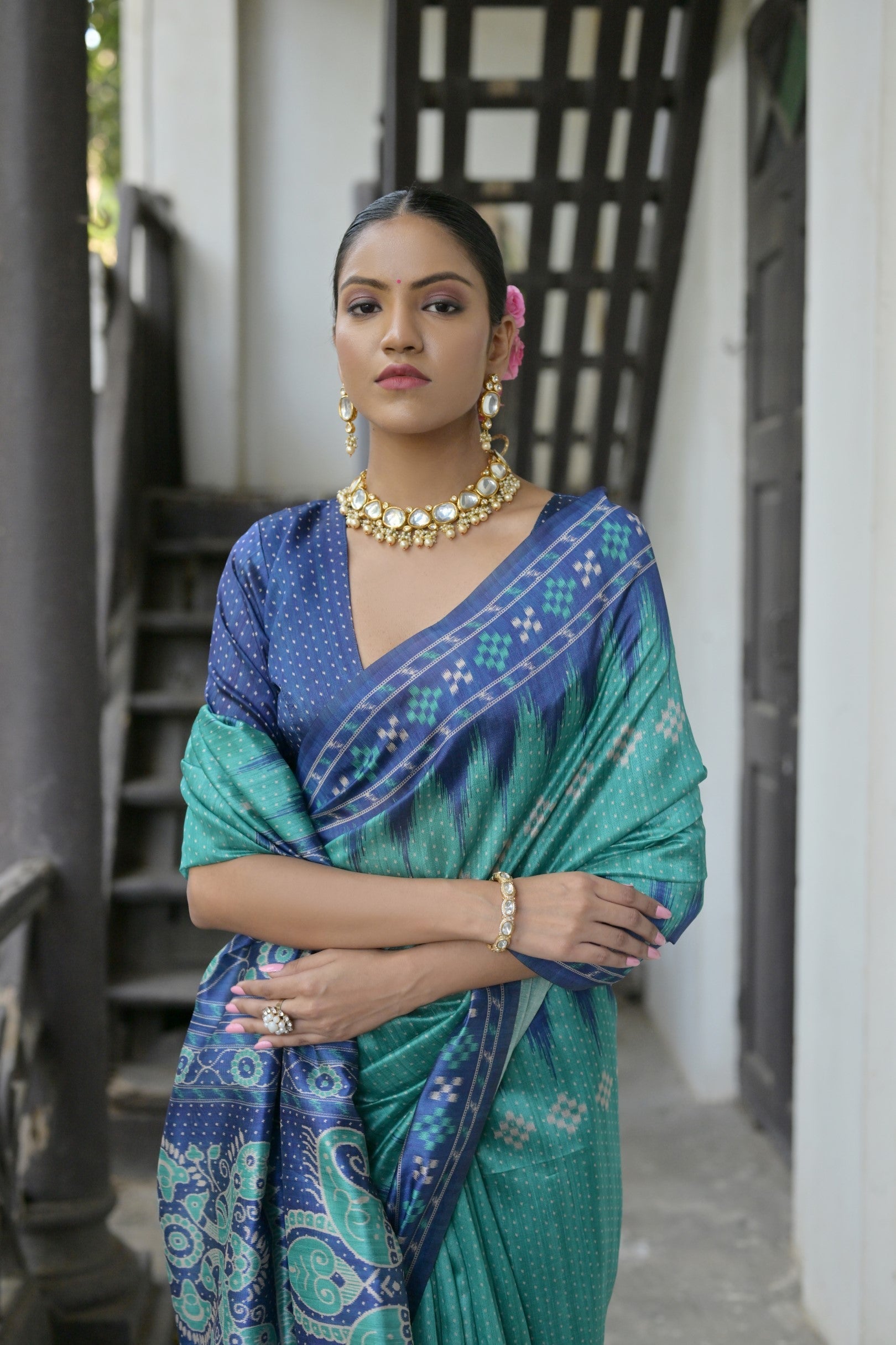 Buy MySilkLove Fountain Green and Blue Printed Tussar Silk Saree Online