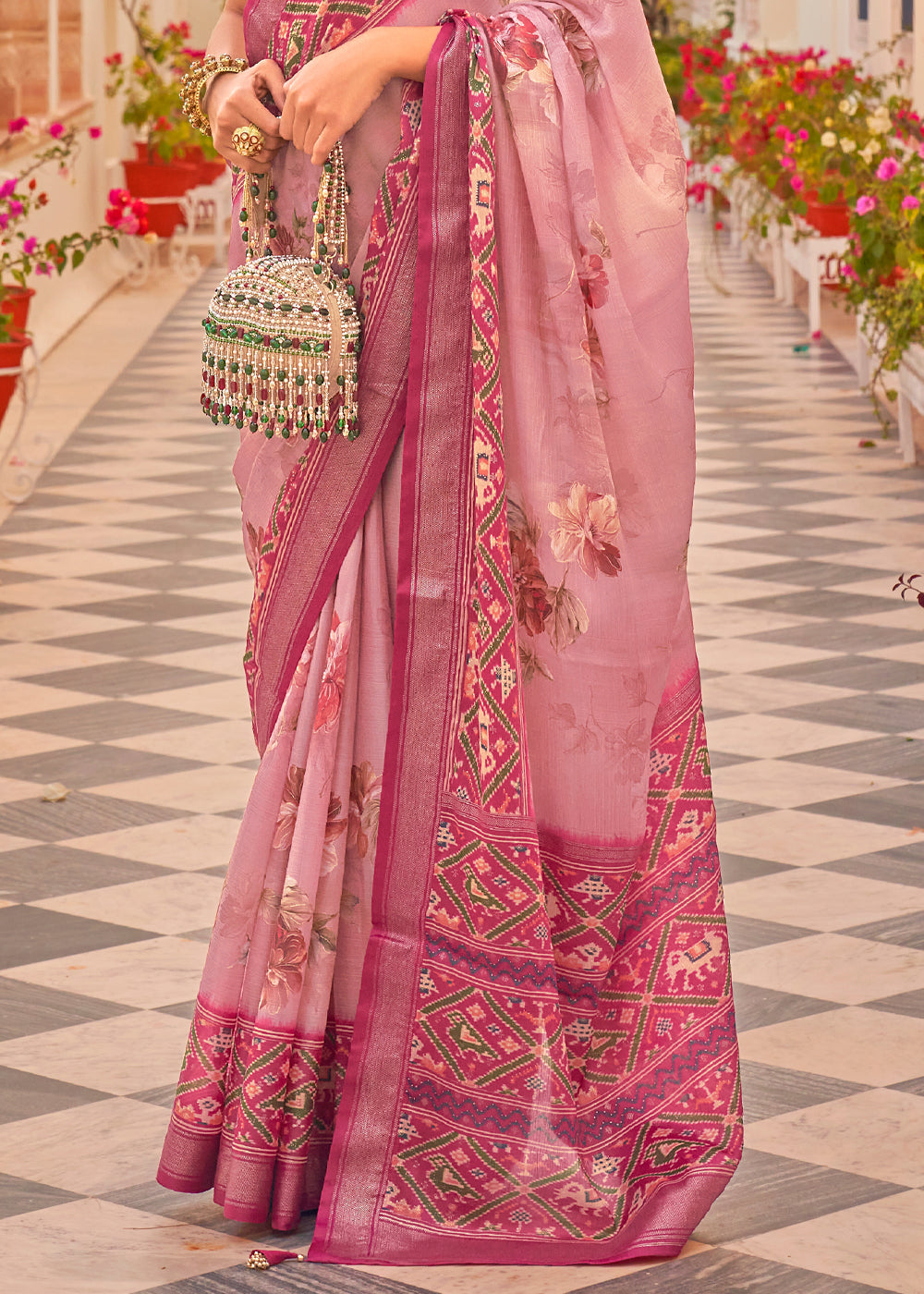 Buy MySilkLove Froly Pink Printed Chiffon Patola Silk Saree Online