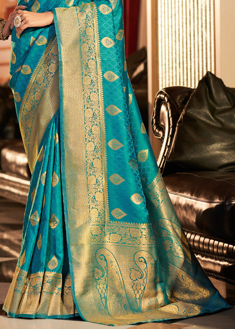 Mosque Blue Woven Banarasi Soft Silk Saree