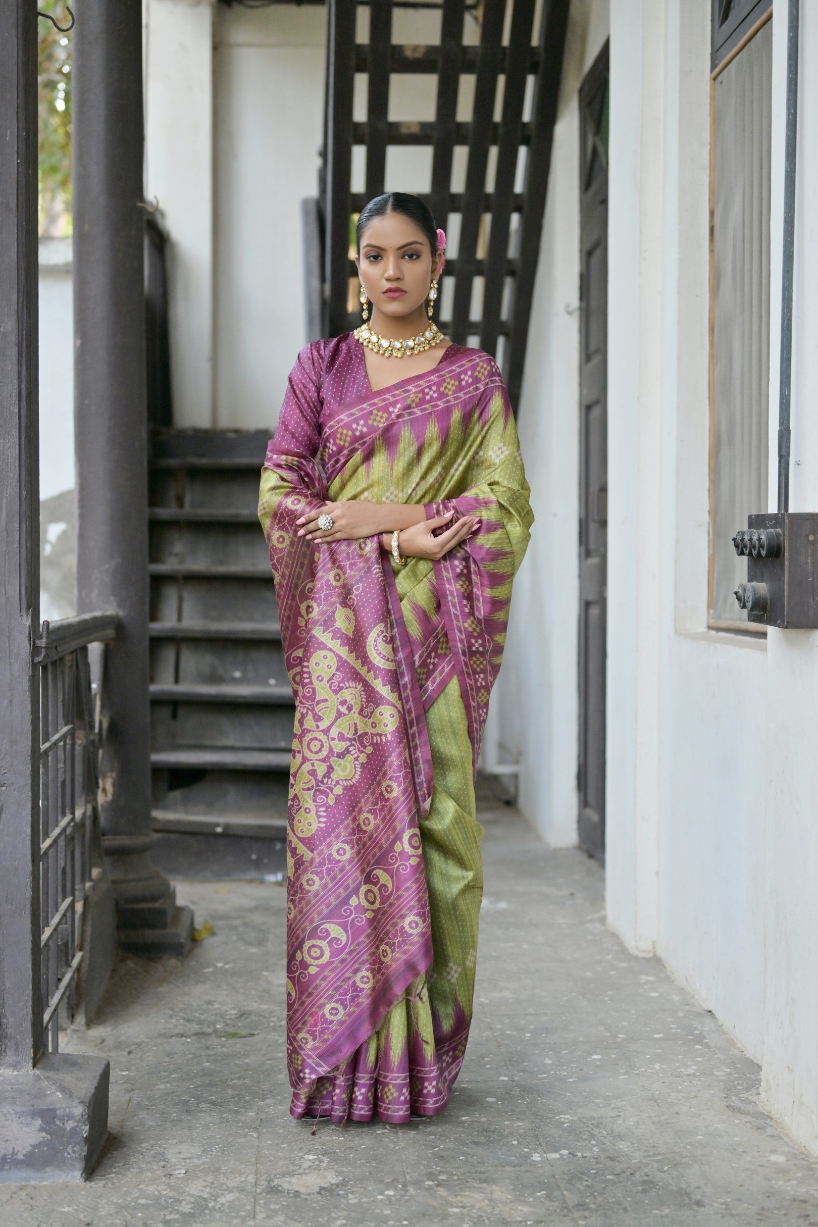 Buy MySilkLove Smoke Green and Purple Printed Tussar Silk Saree Online