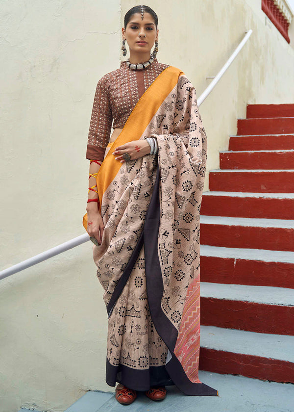 Cameo Brown and Yellow Printed Designer Banarasi Saree
