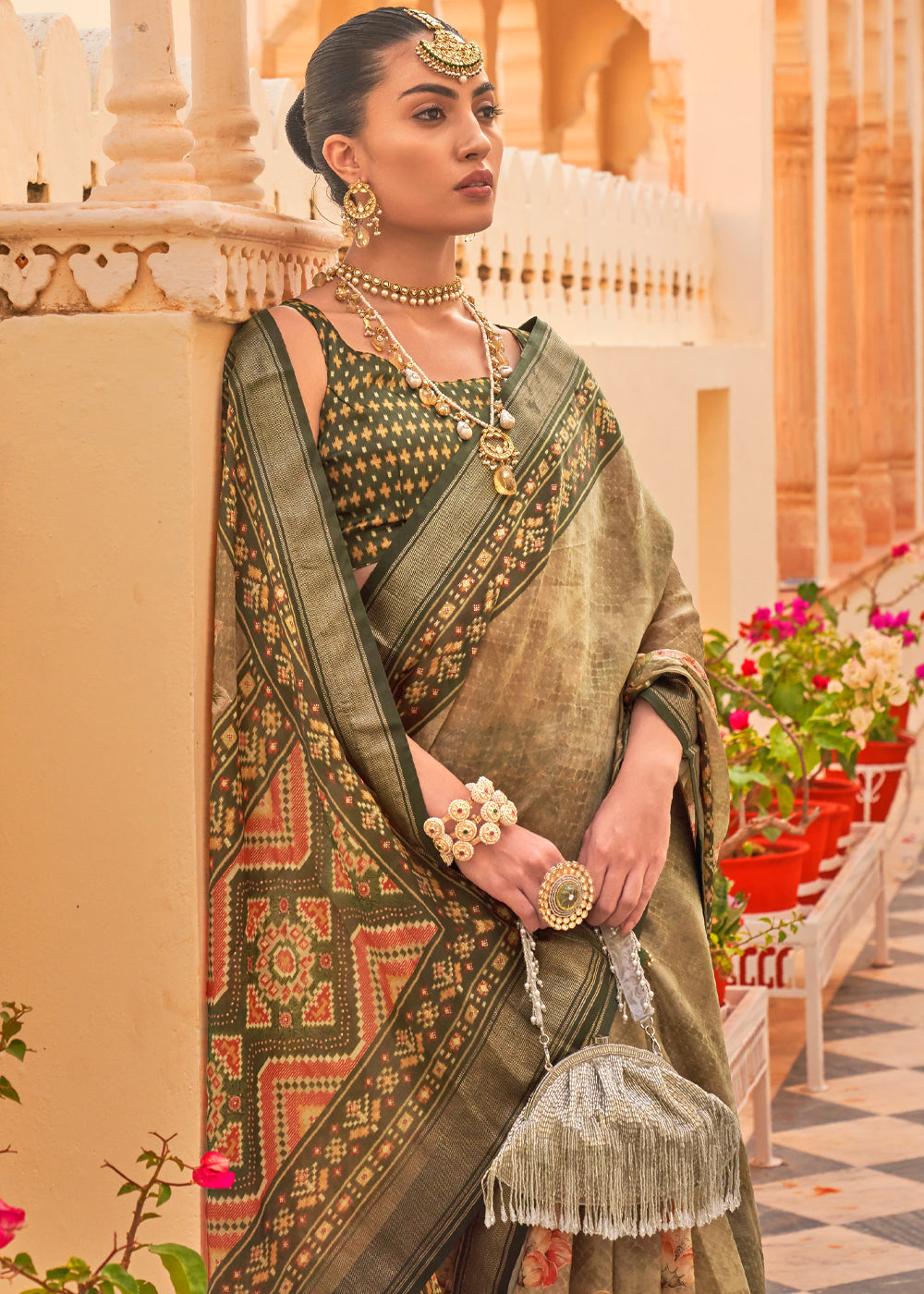 Buy MySilkLove Deco Green Printed Chiffon Patola Silk Saree Online