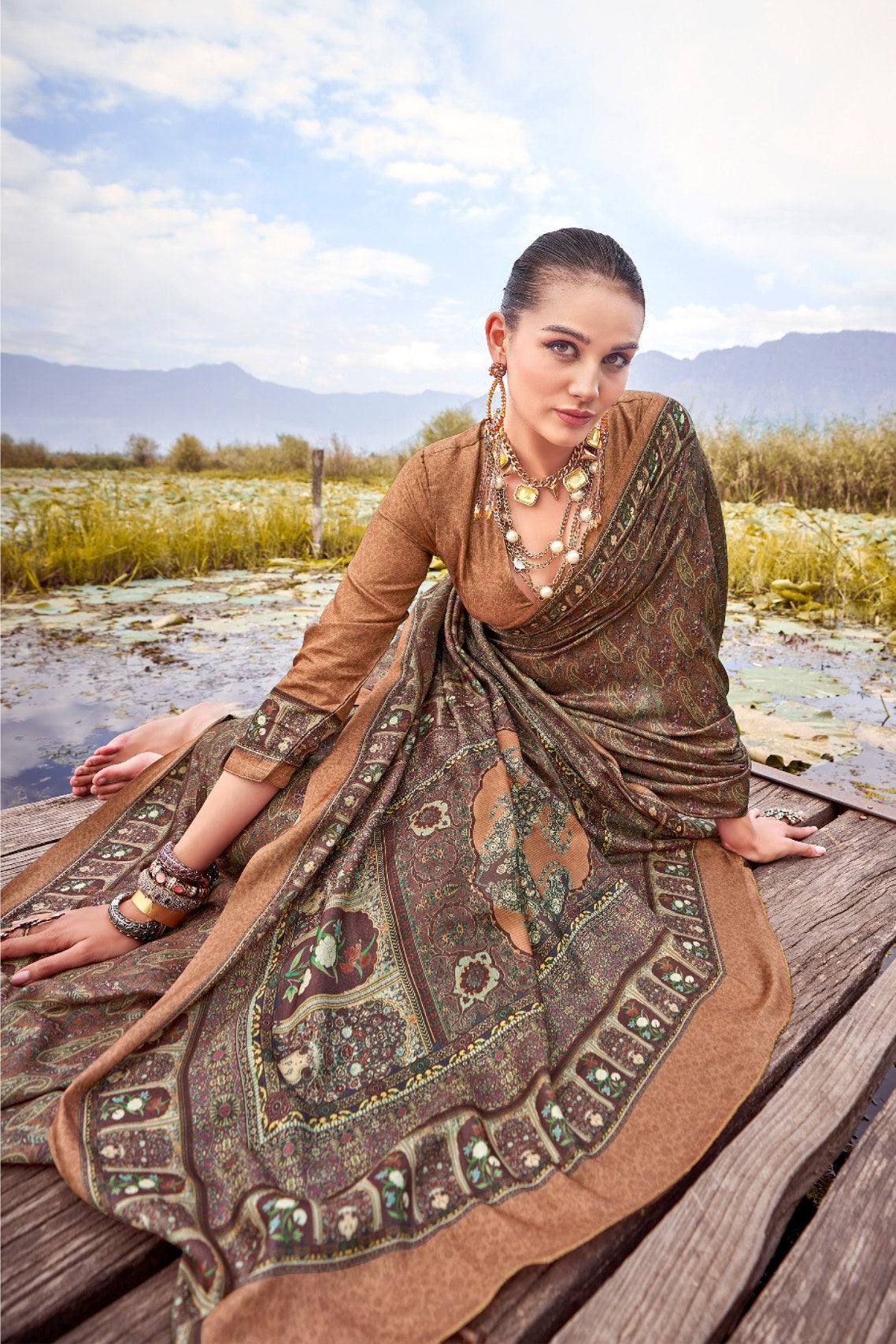 MySilkLove Mongoose Green and Brown Printed Pashmina Silk Saree