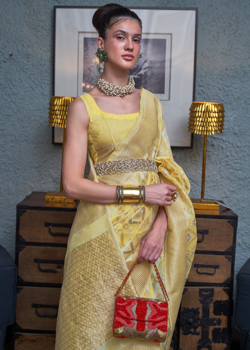 Laser Yellow Woven Banarasi Linen Silk Saree