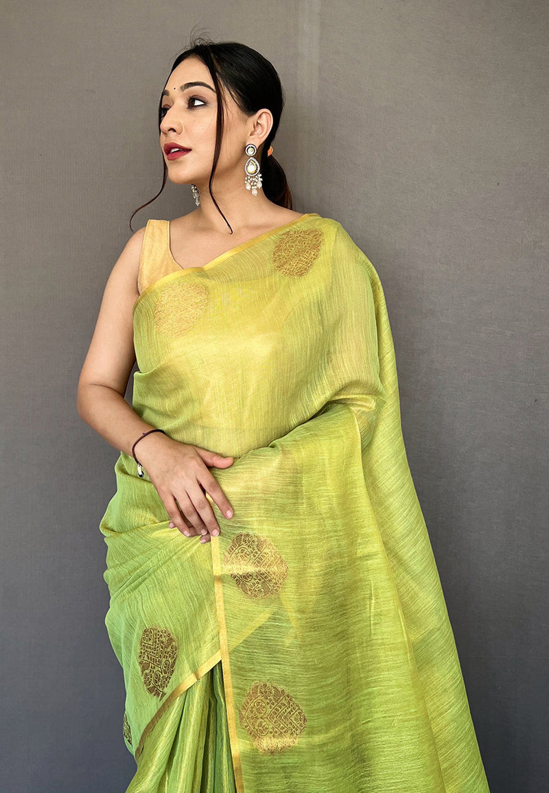 Primrose Green Zari Woven Banarasi Tissue Silk Saree