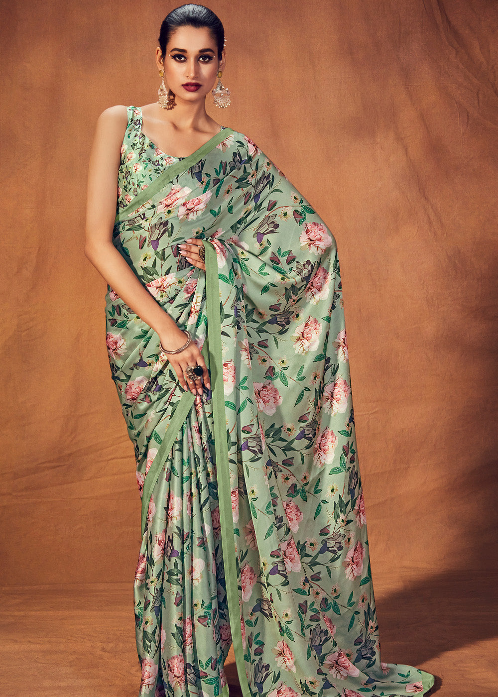 Buy MySilkLove Sprout Green Digital Printed Satin Silk Saree Online