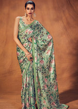 Sprout Green Digital Printed Satin Silk Saree