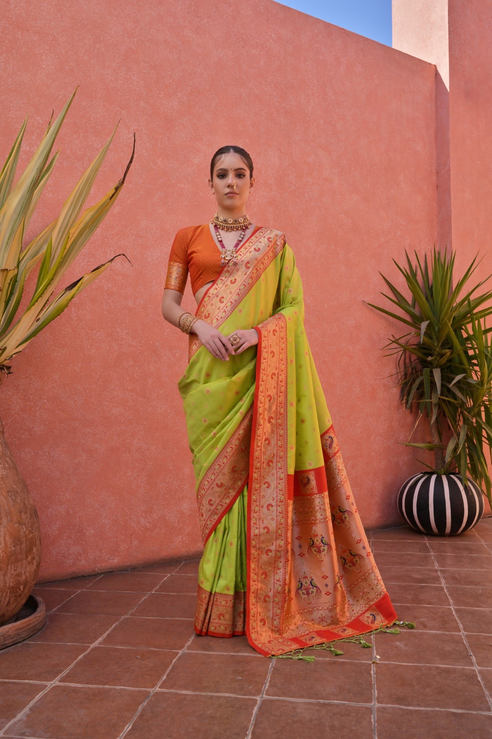 Buy MySilkLove Sunburst Green and Orange Zari Woven Paithani Saree Online