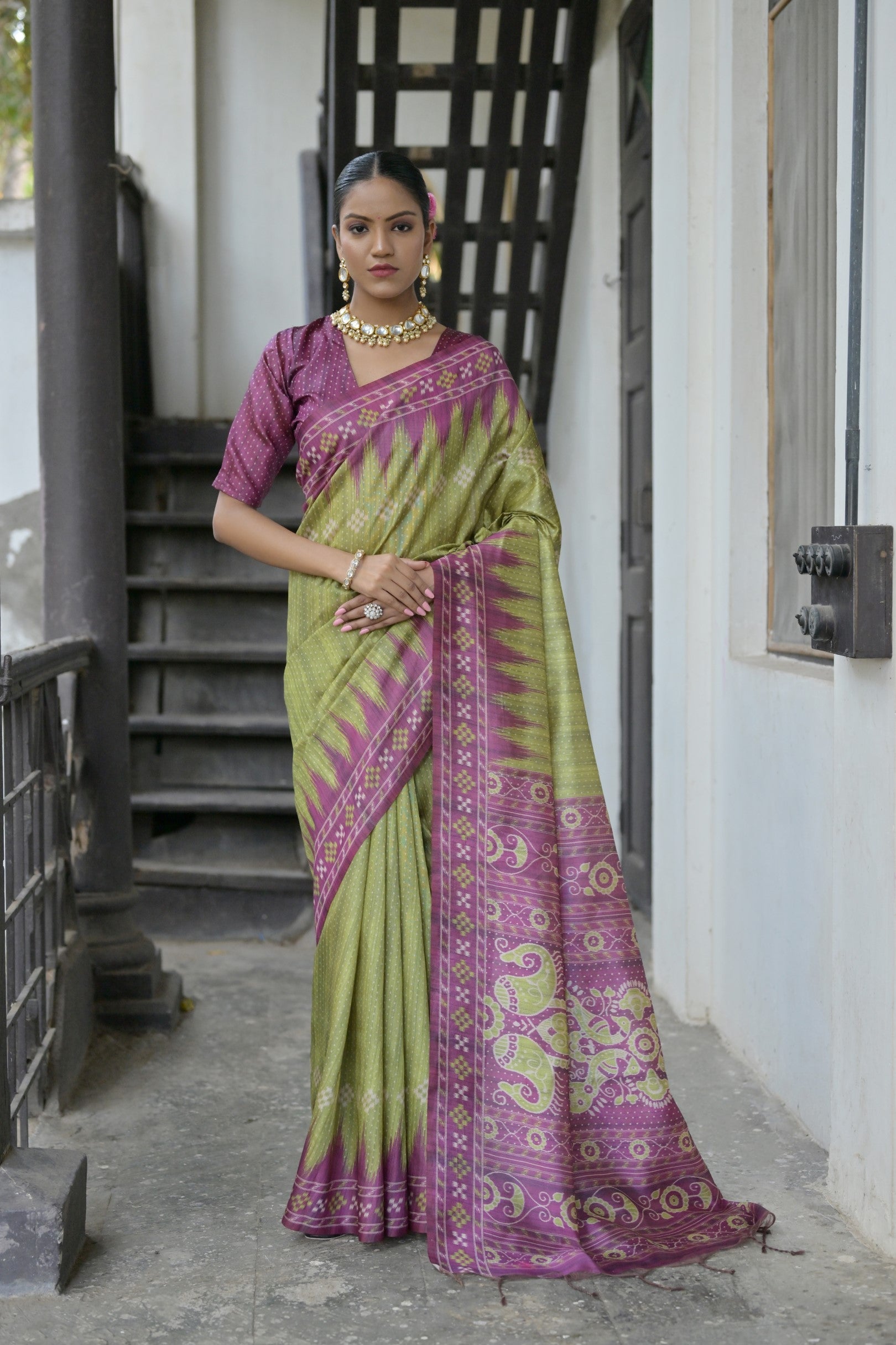 Buy MySilkLove Smoke Green and Purple Printed Tussar Silk Saree Online