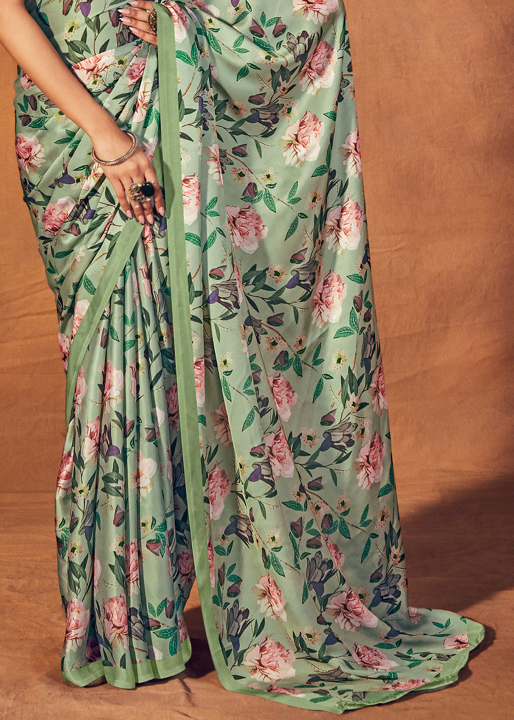 Buy MySilkLove Sprout Green Digital Printed Satin Silk Saree Online