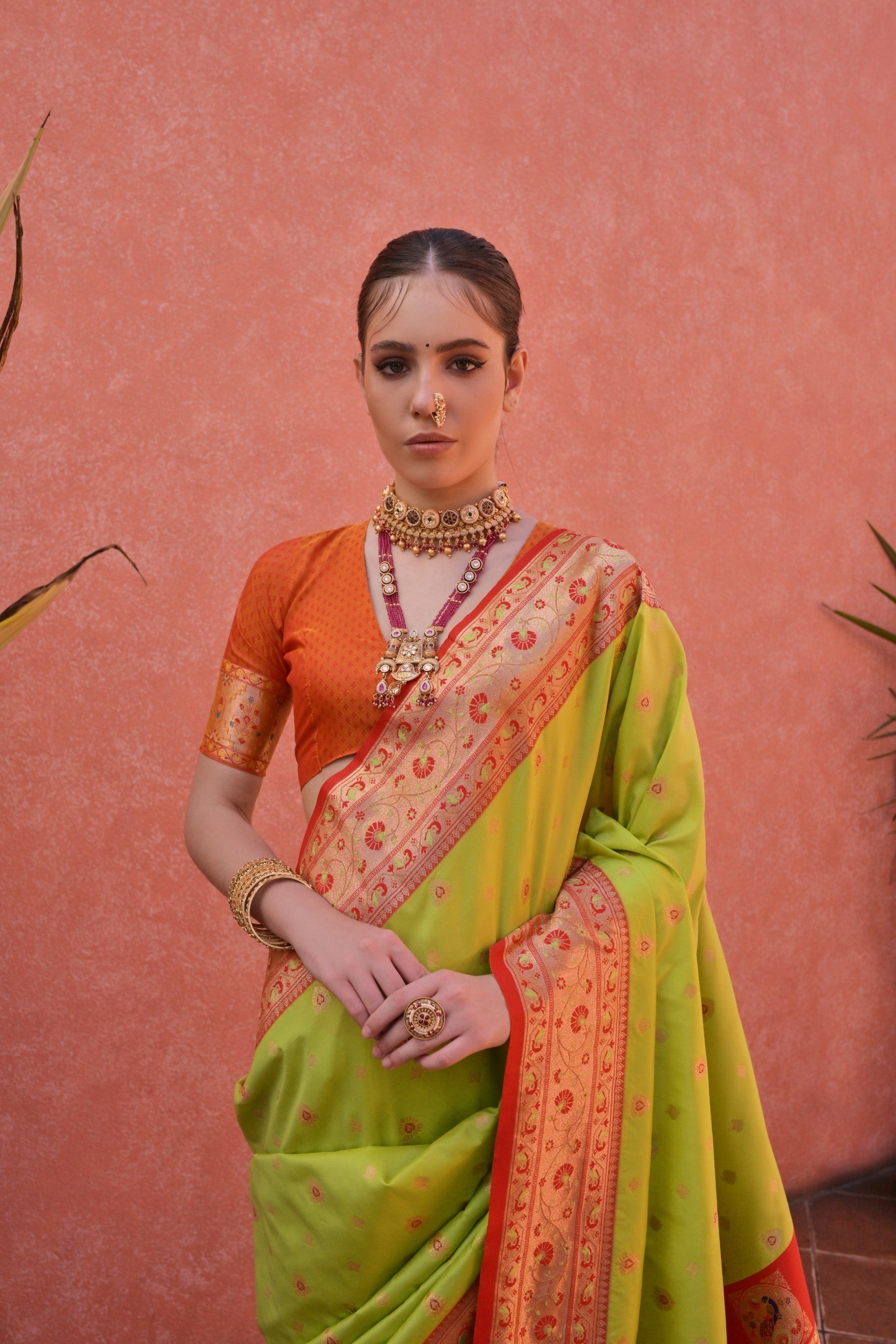 Buy MySilkLove Sunburst Green and Orange Zari Woven Paithani Saree Online