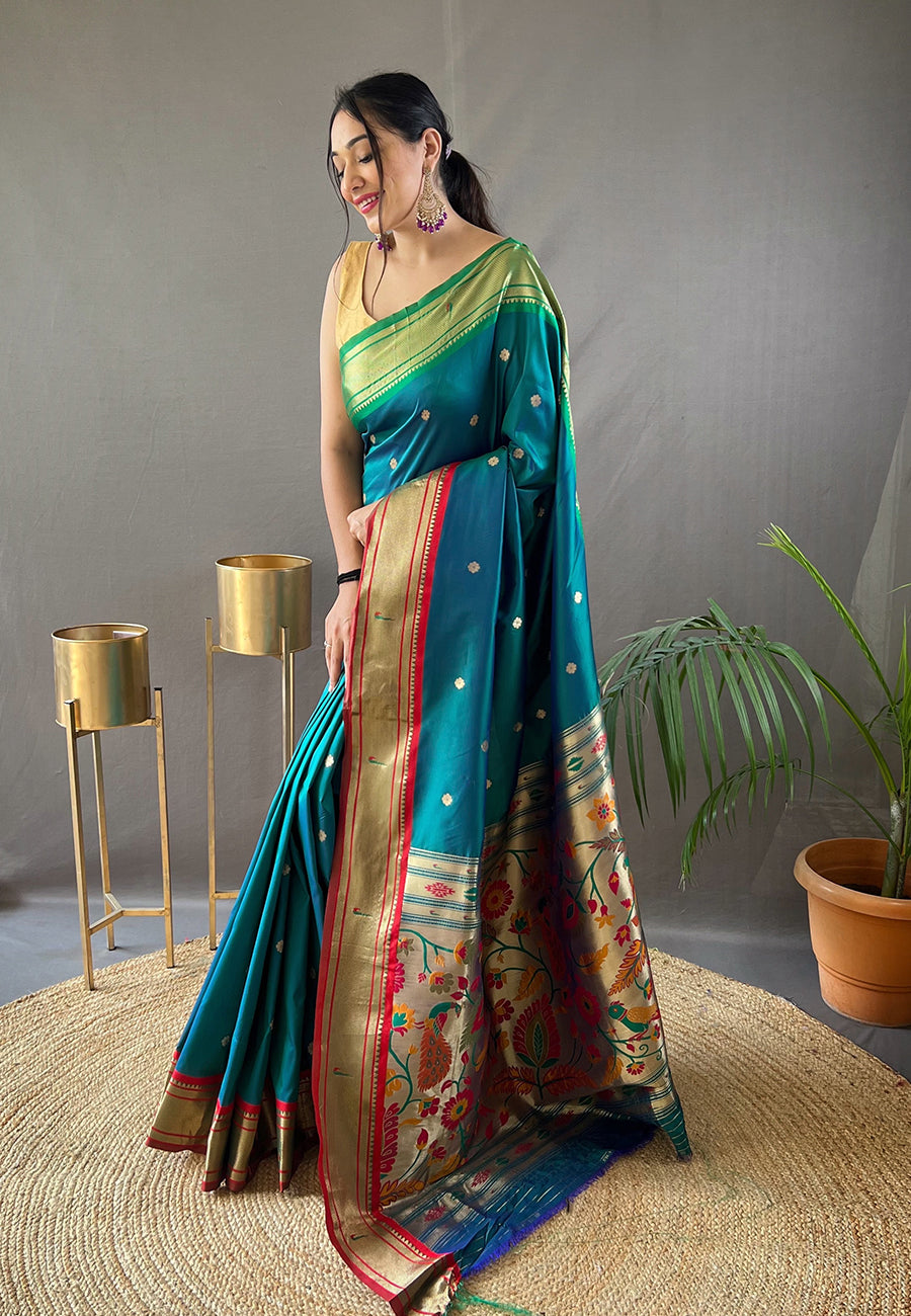 Buy MySilkLove Java Blue Woven Paithani Saree Online