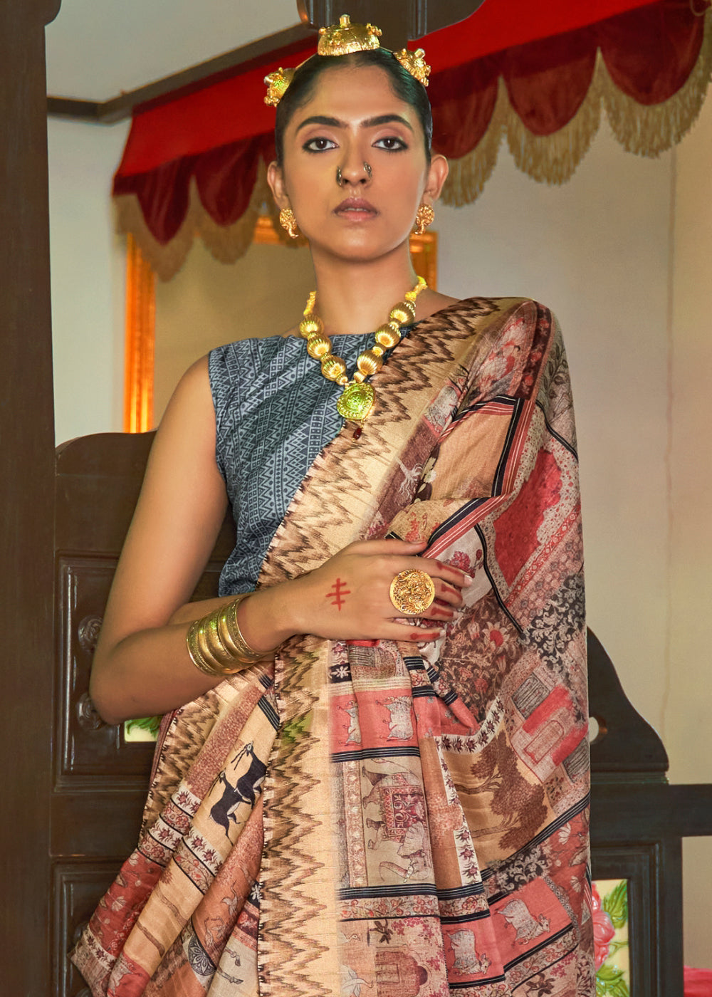 Buy MySilkLove Copper Brown and Blue Digital Printed Silk Saree Online