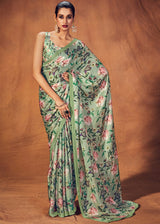 Sprout Green Digital Printed Satin Silk Saree