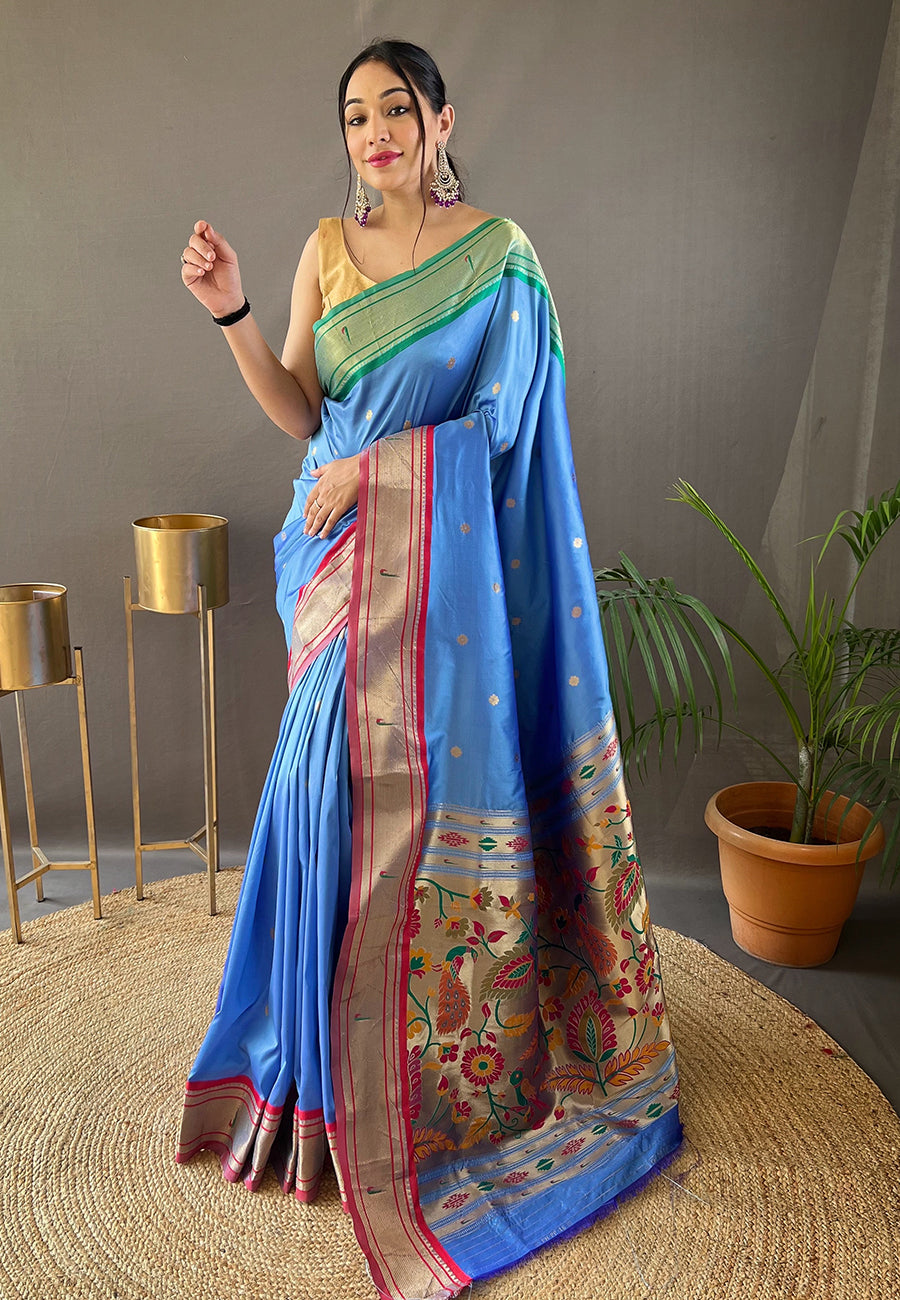 Buy MySilkLove Lapis Lazuli Blue Woven Paithani Saree Online