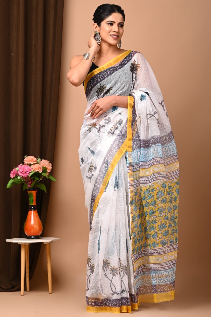 Buy MySilkLove Lavender Blush White and Yellow Handblock Kota Doriya Saree Online