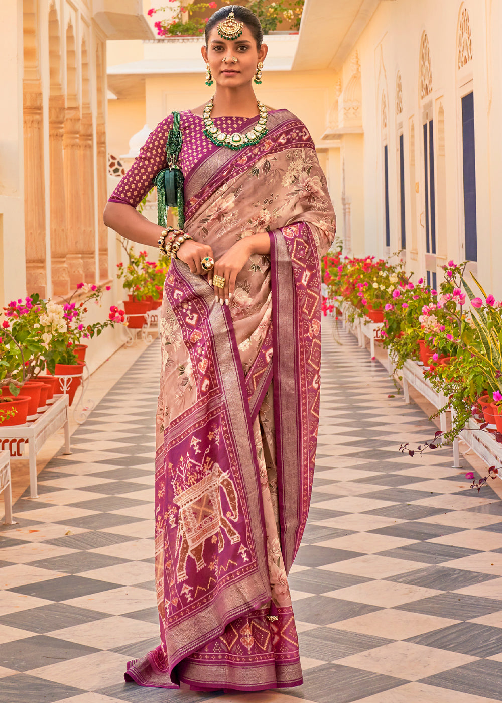 Buy MySilkLove Stiletto Purple Printed Chiffon Patola Silk Saree Online