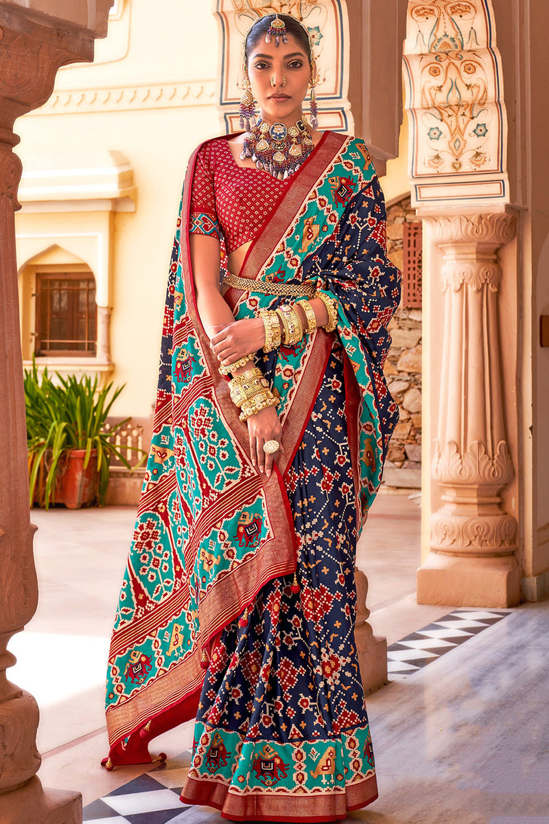 Buy Blue Saree Geoegette Printed Gond Tribal Art Plunge V Neck Set For  Women by Priti Sahni Online at Aza Fashions.