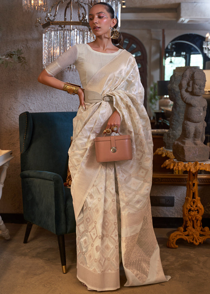 Off White Woven Banarasi Linen Silk Saree