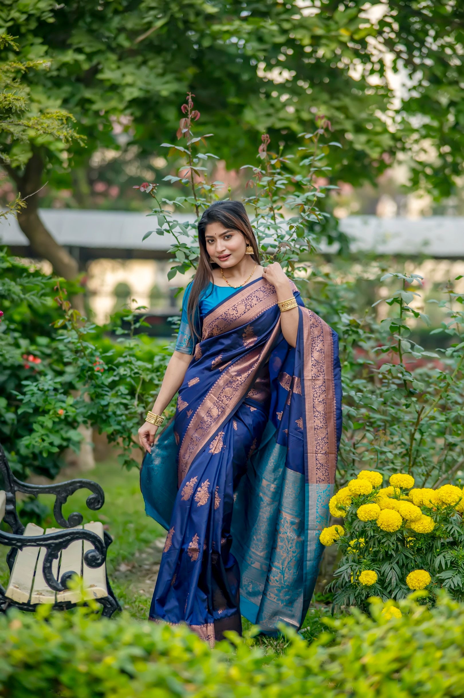 Buy MySilkLove Scampi Dark Blue Woven Banarasi Saree Online