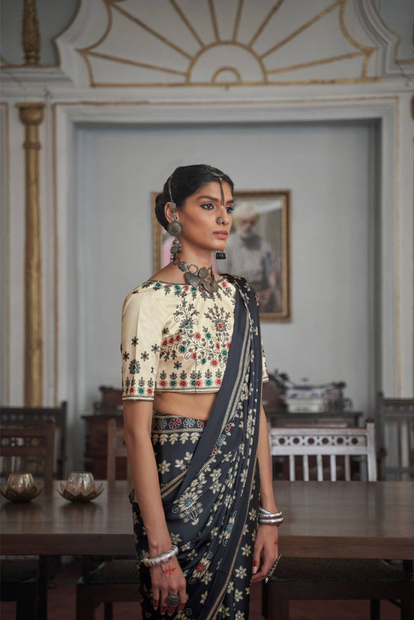 Tuna Dark Grey Gajji Silk Saree with embroidery blouse