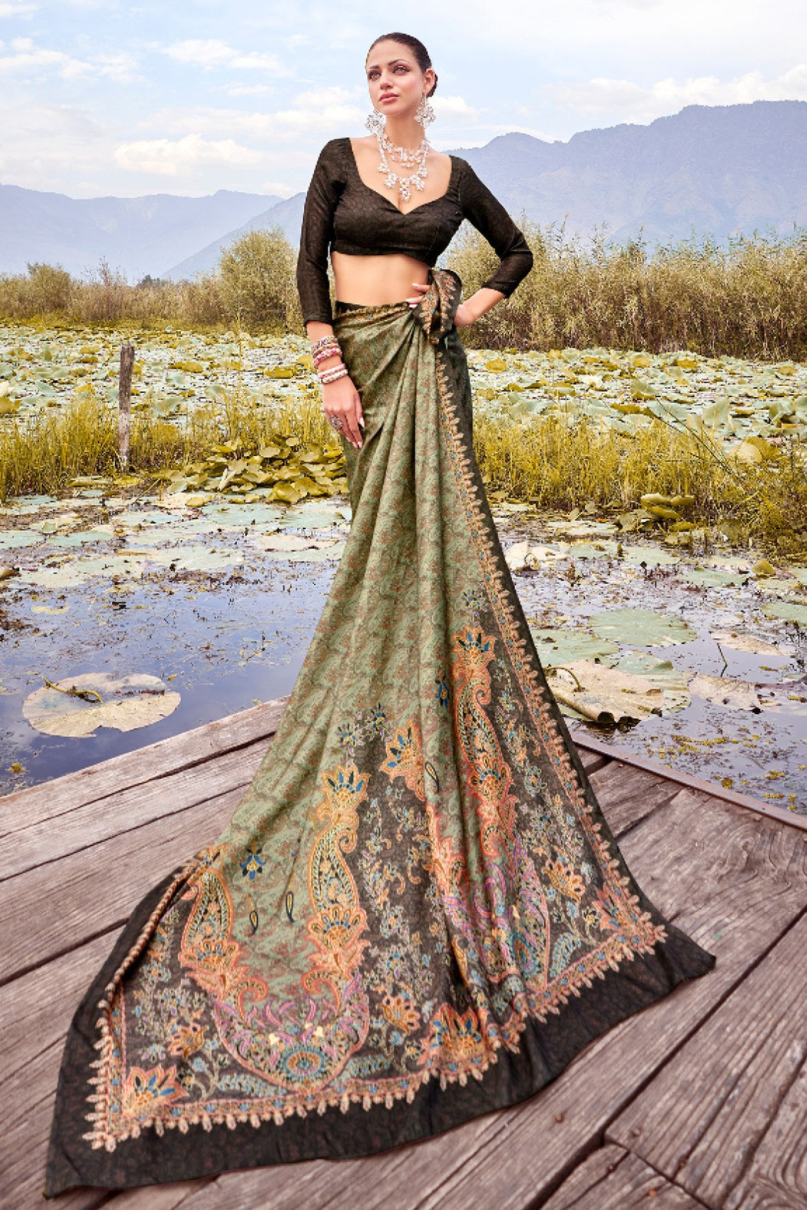 MySilkLove Flax Smoke Green Printed Pashmina Silk Saree