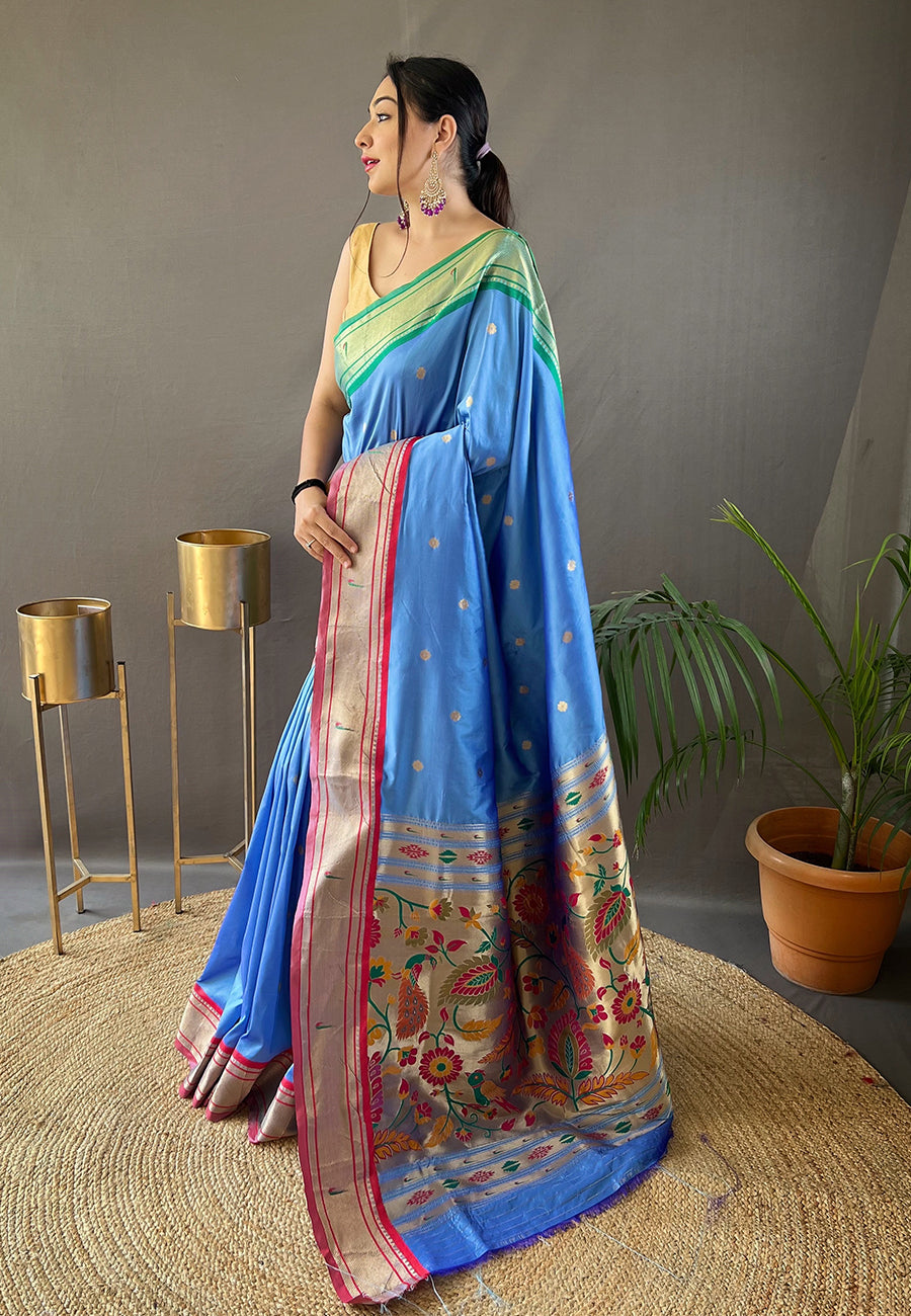 Buy MySilkLove Lapis Lazuli Blue Woven Paithani Saree Online